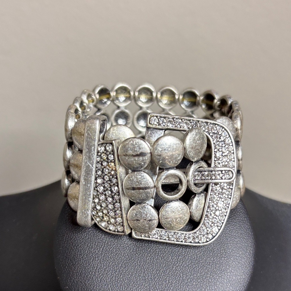 Retired Premier Designs Buckle Up Silvertone & CZ Bracelet